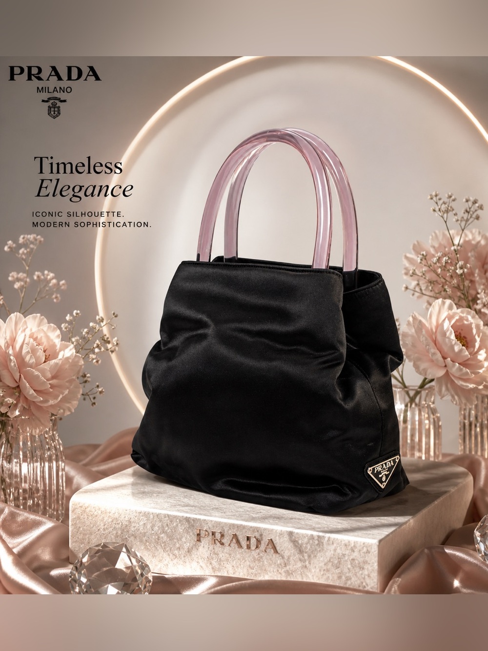 PRADA Milano Black Satin Top Lucite Double Handle Bag w Authentication Cards